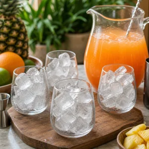 Clear cocktail glasses are filled with plenty of ice cubes before the Caribbean rum punch is poured.