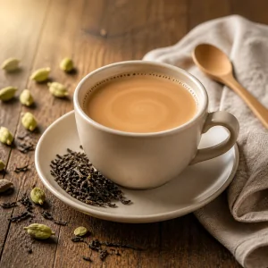 Warmer Ceylon-Milchtee mit Kardamomkapseln serviert