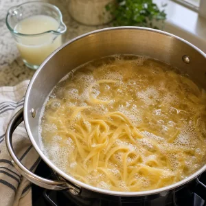 Феттучине варятся в подсоленной воде для куриного Альфредо.