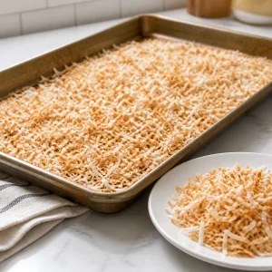 Noix de coco râpée toastée sur une plaque