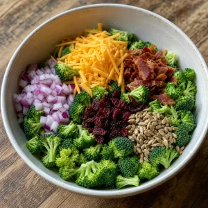 Broccoli, cheddar, bacon, cranberries and seeds in a bowl