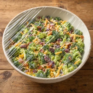 Covered broccoli salad bowl ready to chill
