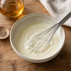 Creamy dressing whisked in a small ceramic bowl