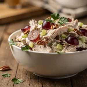 A bowl of creamy turkey salad with red grapes and pecans on a rustic wooden table
