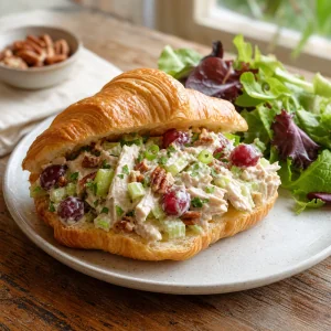 Creamy turkey salad served in a croissant with mixed greens