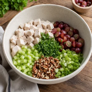 Turkey, grapes, celery, pecans and herbs arranged in a bowl
