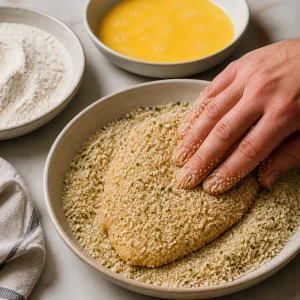 A chicken cutlet is pressed into seasoned breadcrumbs after flour and egg coating.