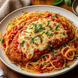 Classic crispy chicken parmigiana with marinara, melted mozzarella, Parmesan, and basil over spaghetti.