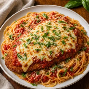 Finished chicken parmigiana is served over spaghetti with Parmesan and fresh basil.
