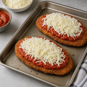 Fried chicken cutlets are topped with marinara sauce and shredded mozzarella before broiling.