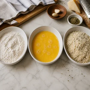 Three bowls hold flour, beaten eggs, and a seasoned panko Parmesan breadcrumb mixture for breading.