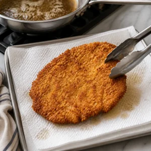 Freshly fried golden schnitzel draining on paper towels.
