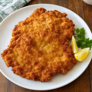 Golden crispy German pork schnitzel served with fresh lemon wedges.