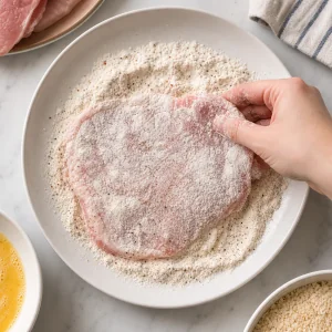 Thin pork cutlet lightly dredged in seasoned flour.