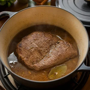 Browned flank steak braising in broth with wine and bay leaf until tender