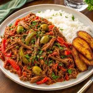 Classic Cuban ropa vieja served over white rice with cilantro and fried plantains