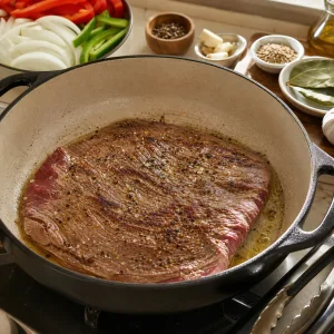 Flank steak browning in a Dutch oven with Cuban ropa vieja seasonings nearby