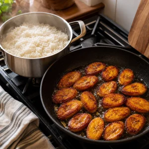Golden fried plantains cooking beside a pot of fluffy white rice