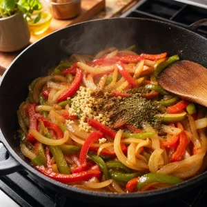 Onions and red and green bell peppers sauteing with garlic, cumin, and oregano