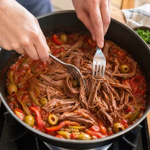 Tender shredded beef mixed into tomato-pepper sauce with green olives and capers