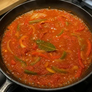 Tomato and pepper sauce simmering with bay leaf for classic Cuban ropa vieja