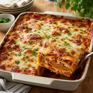 Classic family-style meat lasagna with browned mozzarella and visible cheese layers