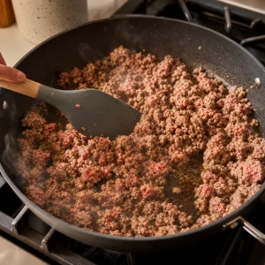 Ground beef and Italian sausage browning in a large skillet for lasagna sauce