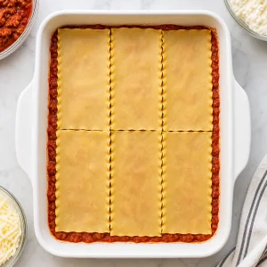 Meat sauce spread in the baking dish and topped with a layer of lasagna noodles