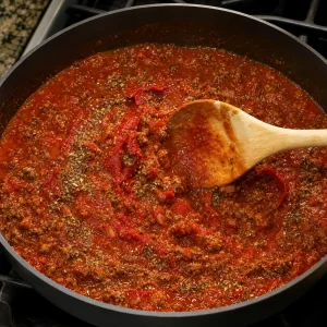 Tomato meat sauce simmering with oregano and basil for classic lasagna