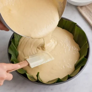 Pâte à bibingka versée dans un moule rond chemisé de bananier.