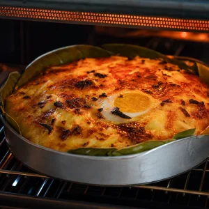 Bibingka sous le gril avec dessus doré et légèrement brûlé.