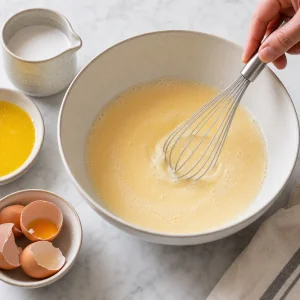 Lait de coco, œufs et beurre fondu fouettés jusqu’à légère mousse.