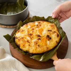 Bibingka juste cuite sortie du moule sur feuilles de bananier.