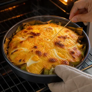 Bibingka dorée au four avec test du cure-dent.