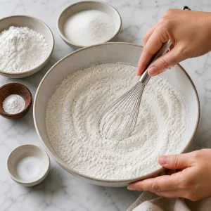 Farines de riz, sucre, levure et sel fouettés dans un saladier.