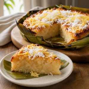 Bibingka tiède en tranche servie avec noix de coco râpée et fromage.