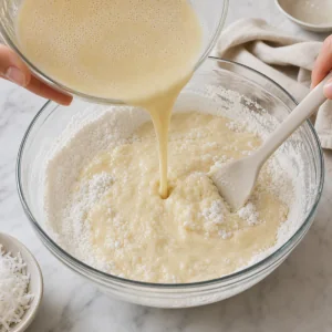Mélange coco versé dans la farine de riz pour la pâte à bibingka.