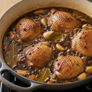 Browned chicken thighs simmering in adobo marinade with garlic and bay leaves