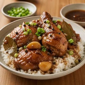 Chicken adobo served over white rice with scallions and extra sauce