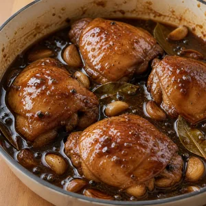 Cooked chicken thighs coated in thick glossy adobo sauce