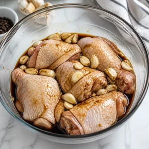 Chicken thighs marinating in soy sauce with smashed garlic for Filipino chicken adobo.
