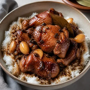 Finished Filipino chicken adobo served over jasmine rice with glossy soy-garlic sauce.