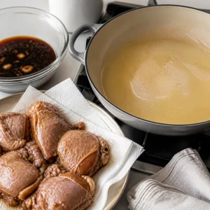 Marinated chicken thighs patted dry beside reserved adobo marinade and a hot pot of oil.
