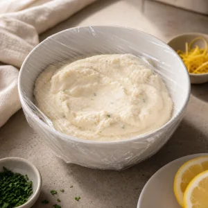 Covered bowl of chilled fish mousse