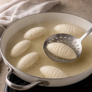 Fish quenelles gently poaching in light stock