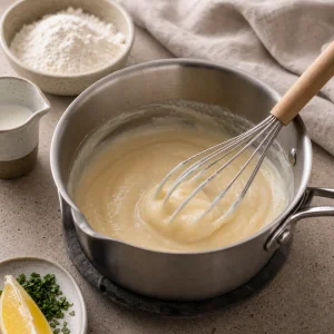 Glossy panade whisked in a small saucepan