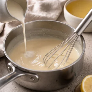 Light veloute sauce whisked in a saucepan