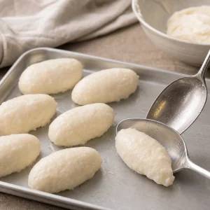 Oval fish quenelles shaped on a chilled tray