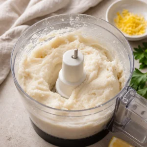 Smooth fish mousse in a food processor bowl
