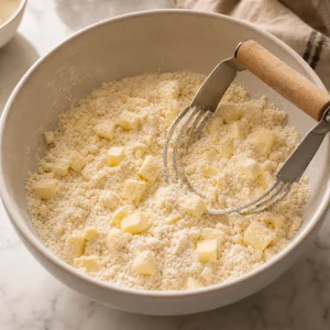 Cold butter cut into flour for croissant dough